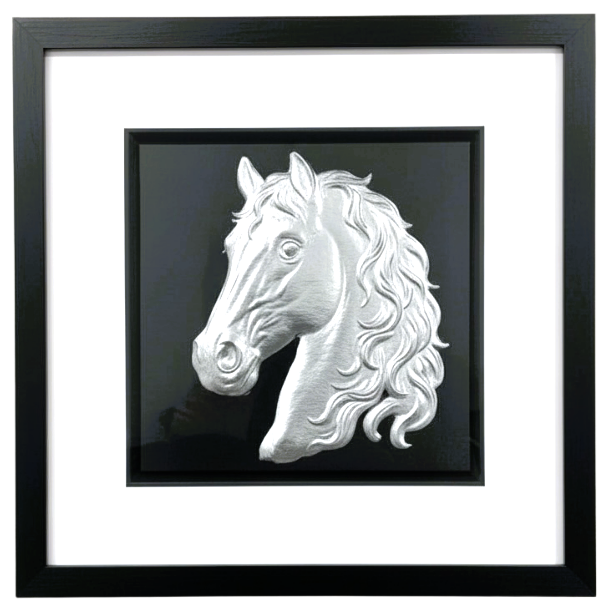 Silver horse head wall art framed in black with white mount