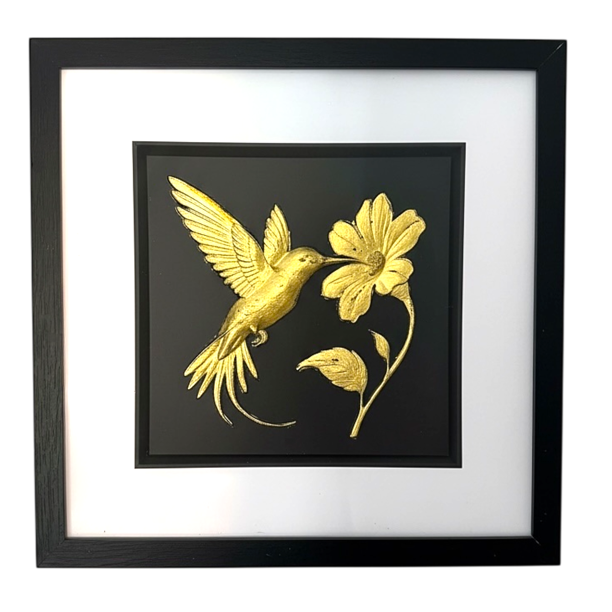 Front-facing gold leaf hummingbird and flower framed artwork on black background