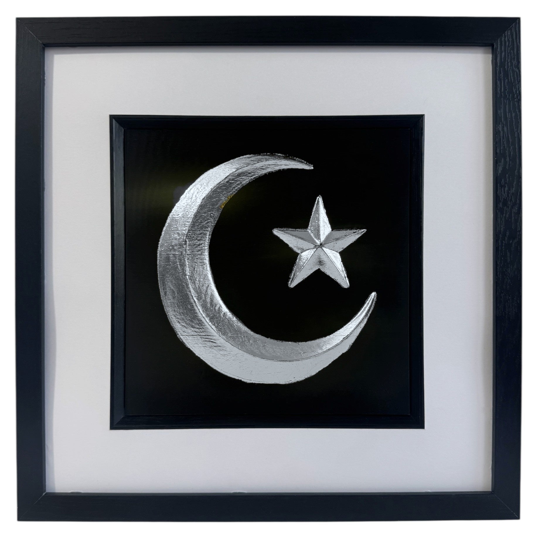 Silver crescent moon and star wall art framed in black islamic  decor