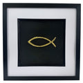 Framed Ichthys fish wall art in gold leaf with black frame and white mount