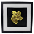 Jack Russell Terrier 3d wall art framed showing a sculpted dog portrait in gold leaf, set on a black background with white mount and black wooden frame
