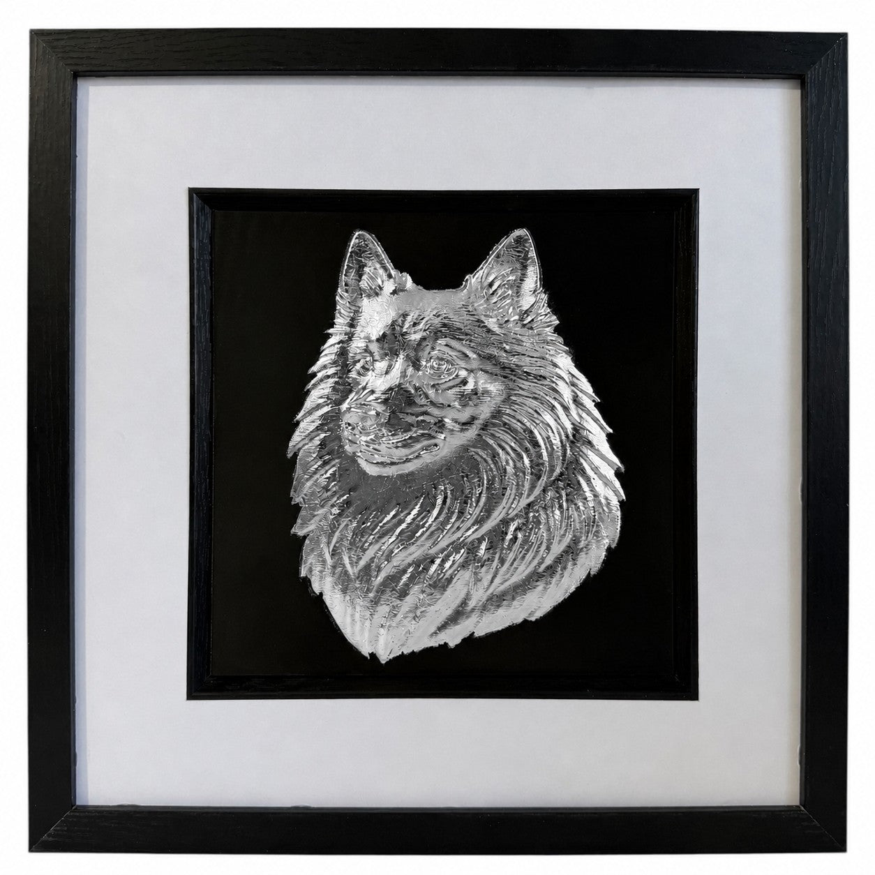 Front view of a silver Japanese Spitz relief portrait in a square black frame with a wide white mount and black inner surround.