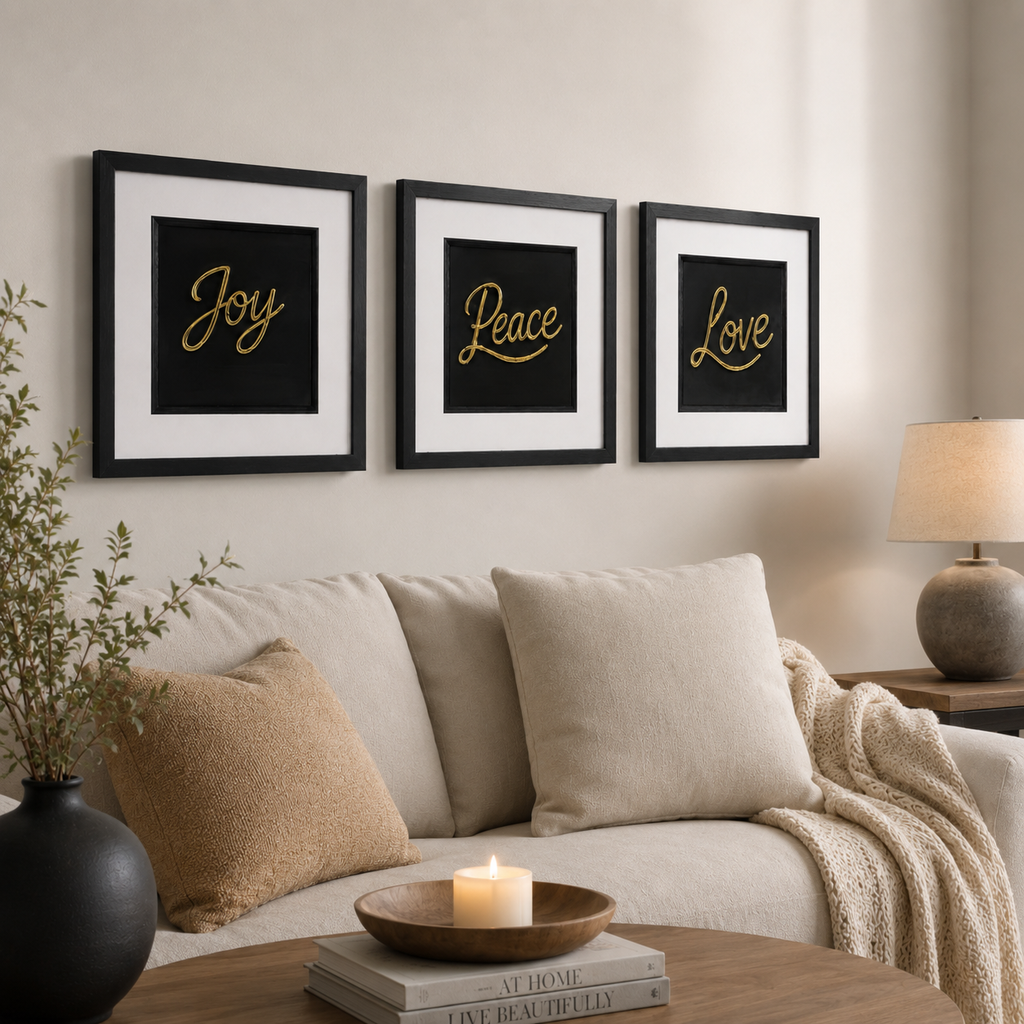 Angled lifestyle view of Gold Joy Peace Love framed wall art set above a sofa with lamp, cushions and wood tones