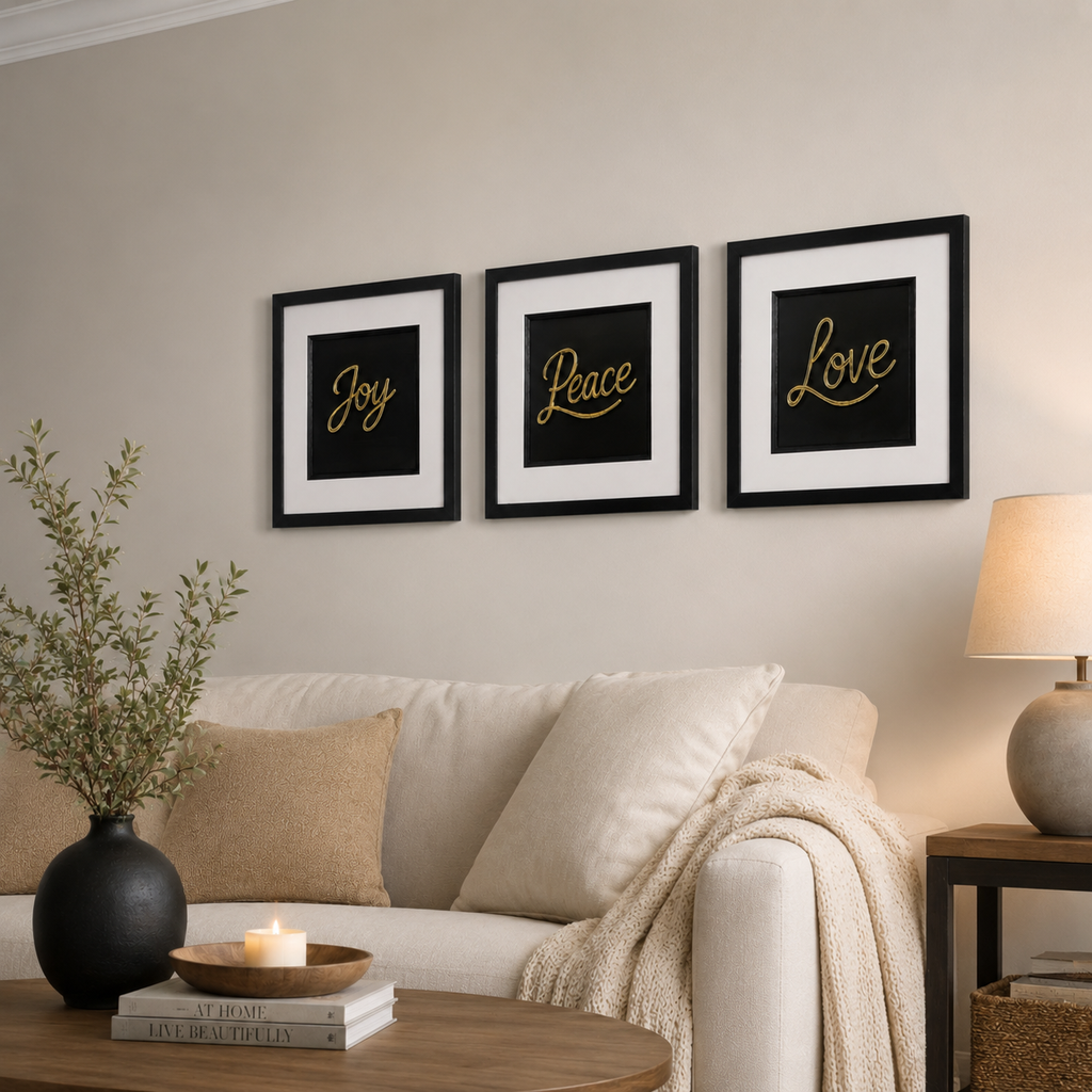 Gold Joy Peace Love 3D framed trio shown above a neutral sofa with soft lamp light, foliage and a wooden table