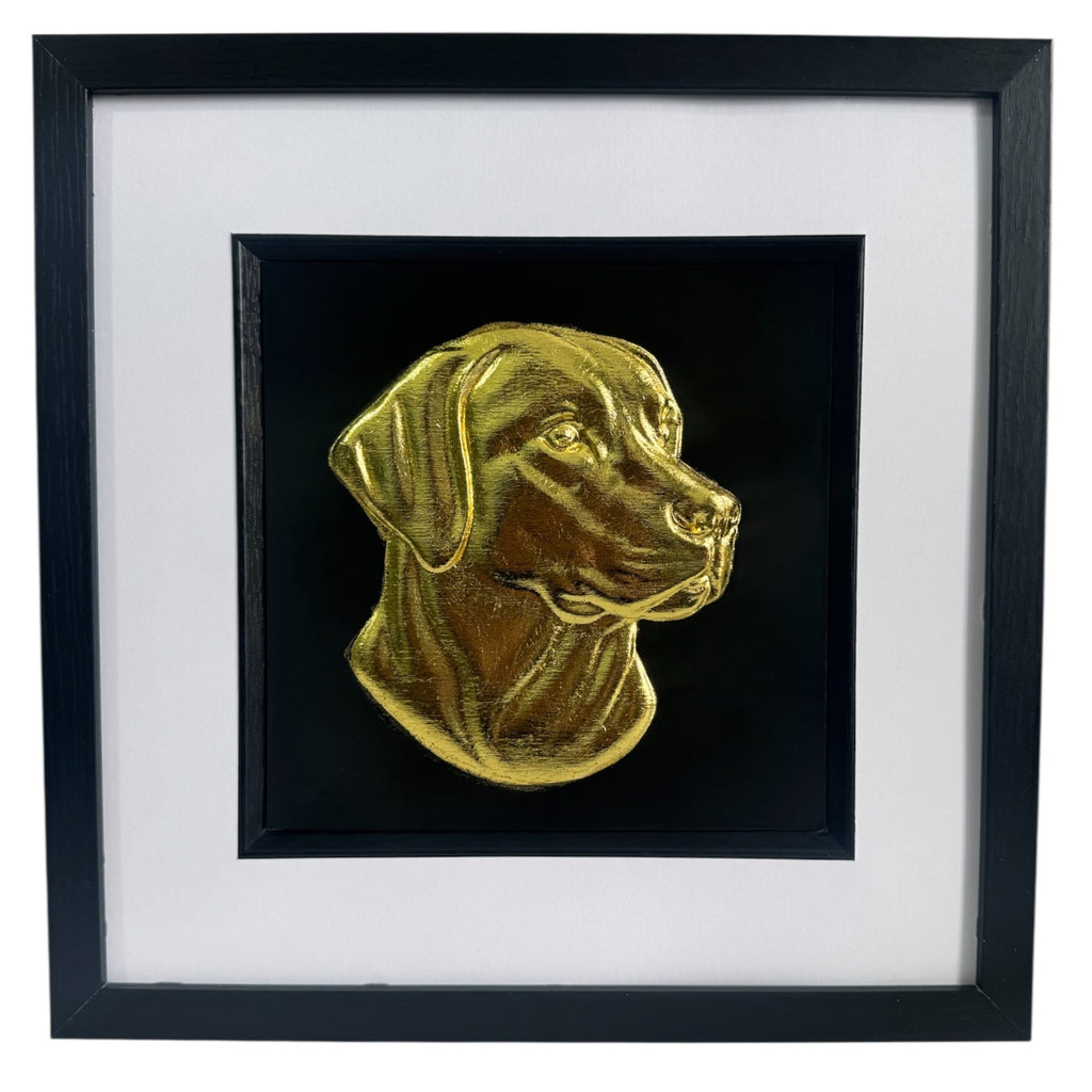 Labrador Retriever framed 3d wall art showing a sculpted dog portrait in gold leaf, set on a black background with white mount and black wooden frame
