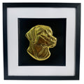Labrador Retriever framed 3d wall art showing a sculpted dog portrait in gold leaf, set on a black background with white mount and black wooden frame
