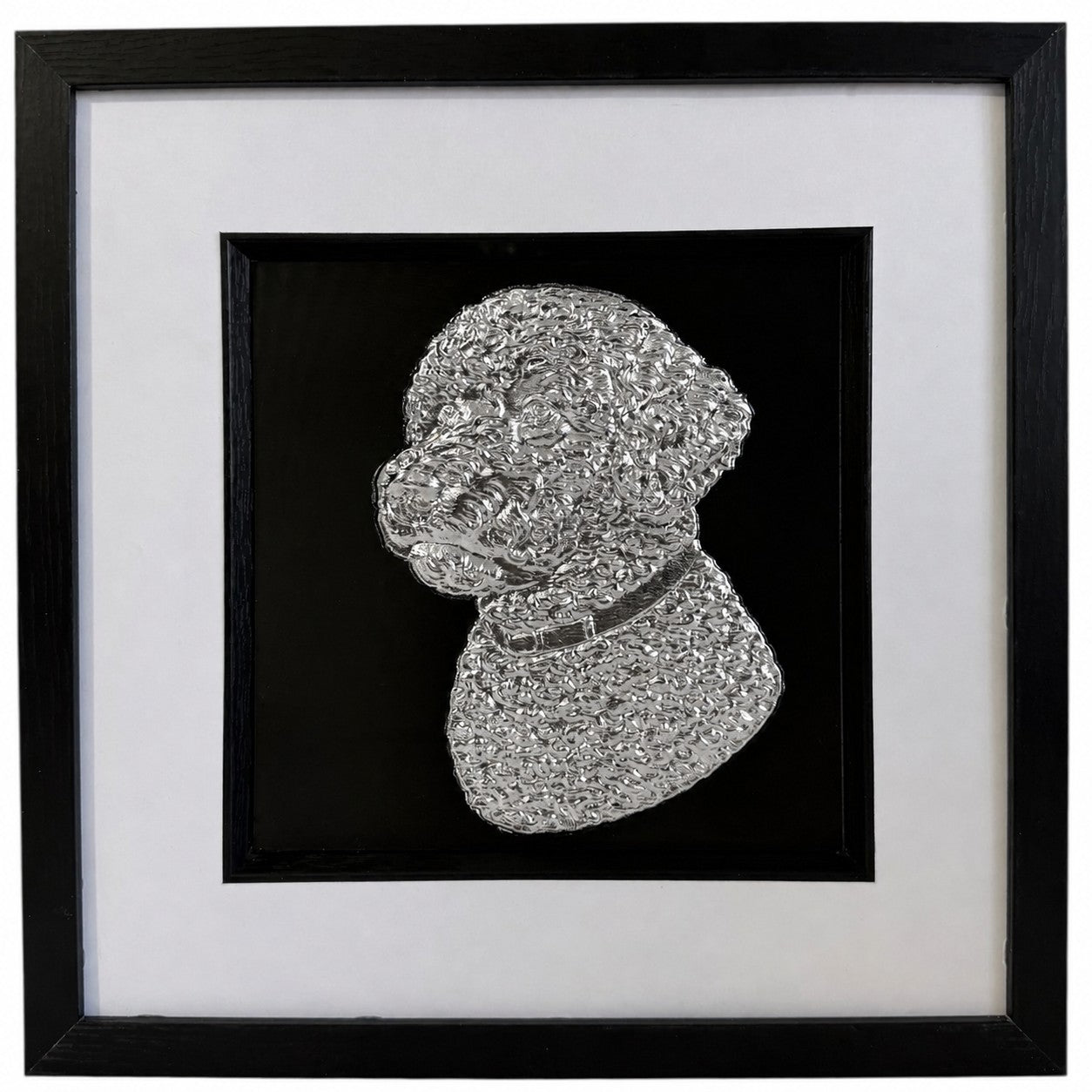 Front view of a silver Lagotto Romagnolo relief portrait in a square black frame with a wide white mount and black inner surround.