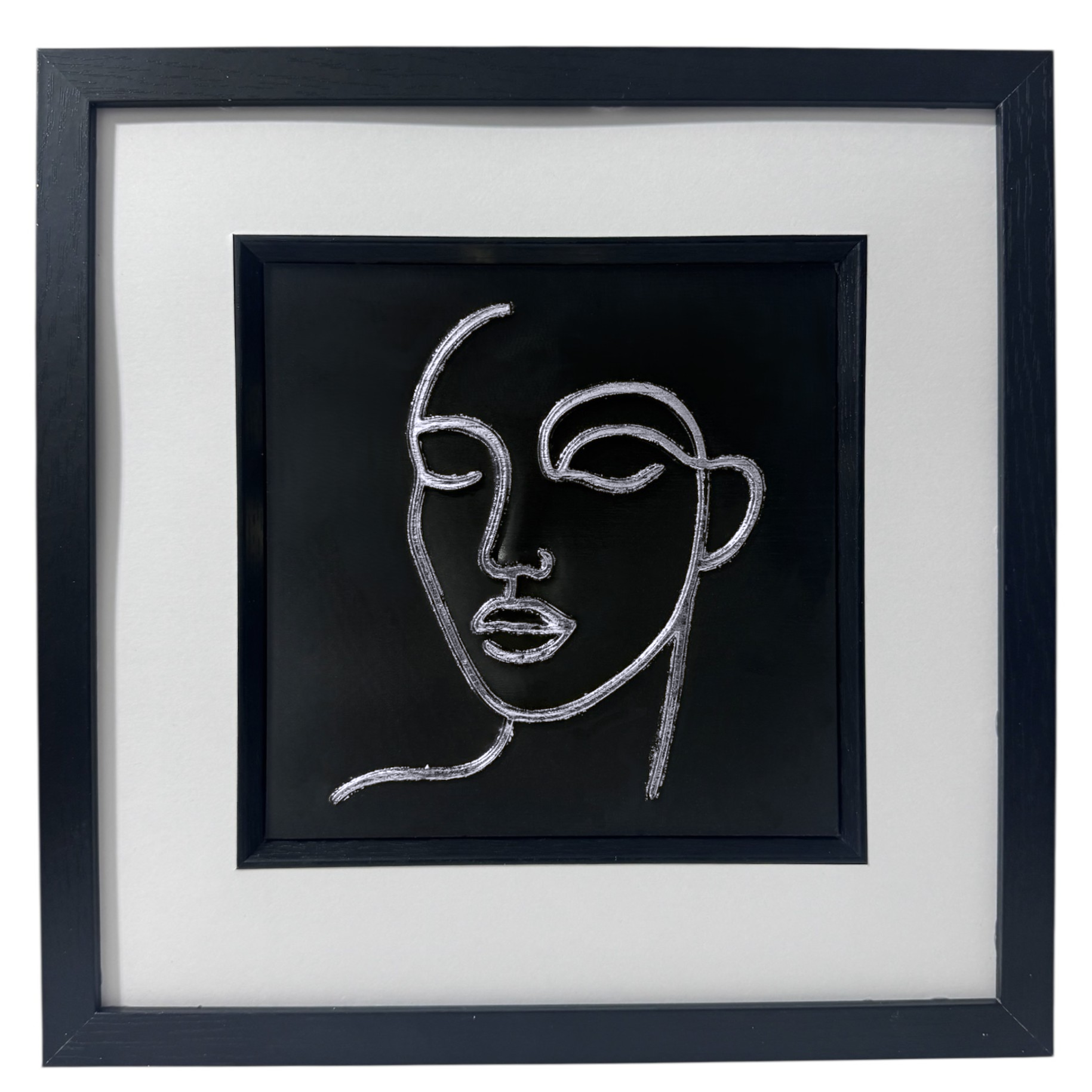 Silver leaf minimalist female face line art wall art framed and mounted