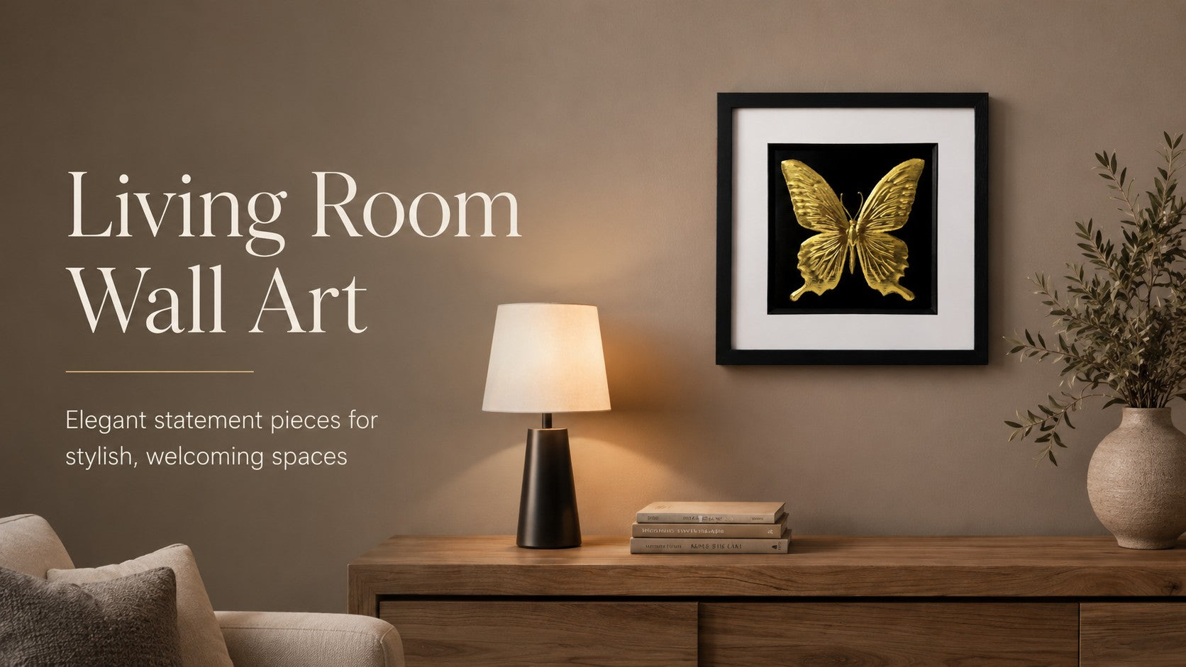 Hero image for living room wall art showing framed gold butterfly 3D wall art on a neutral wall above a wooden console.