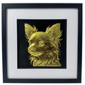 Long Hair Chihuahua framed wall art in gold leaf shown front on with black wooden frame white mount and black background
