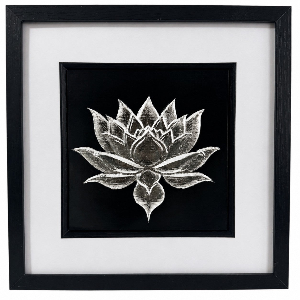 Silver lotus flower wall art framed in black with white mount