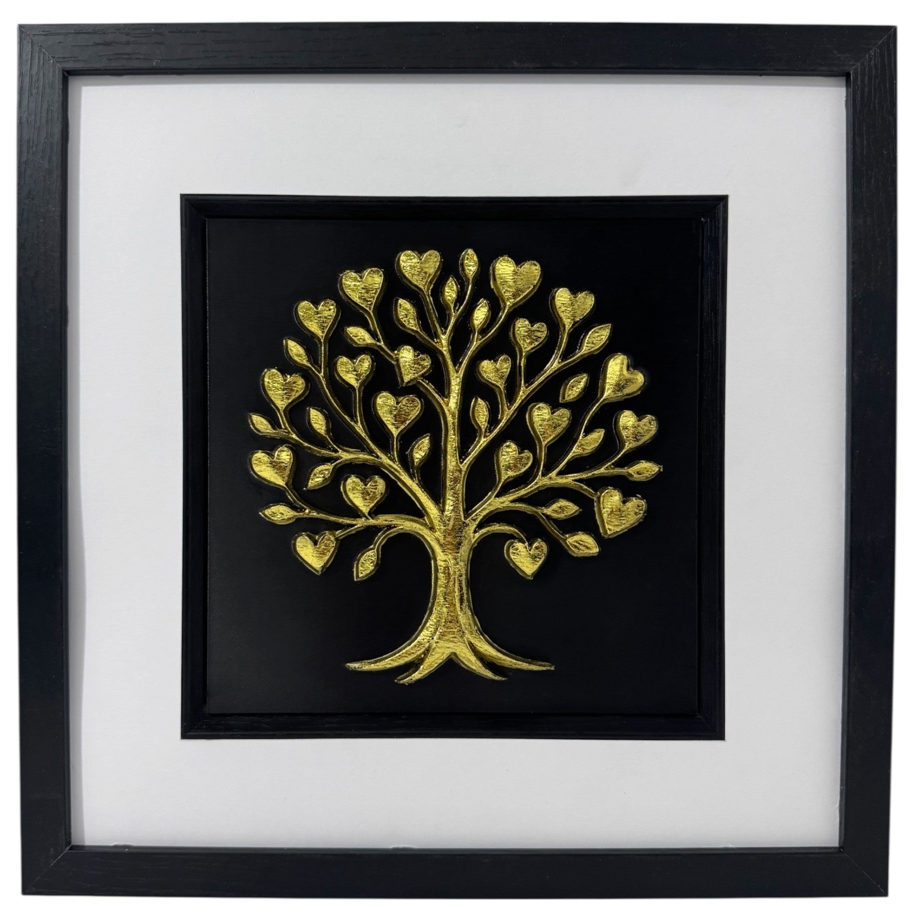 Gold tree of life wall decor in a black box frame with heart-shaped leaves and a black inner surround.