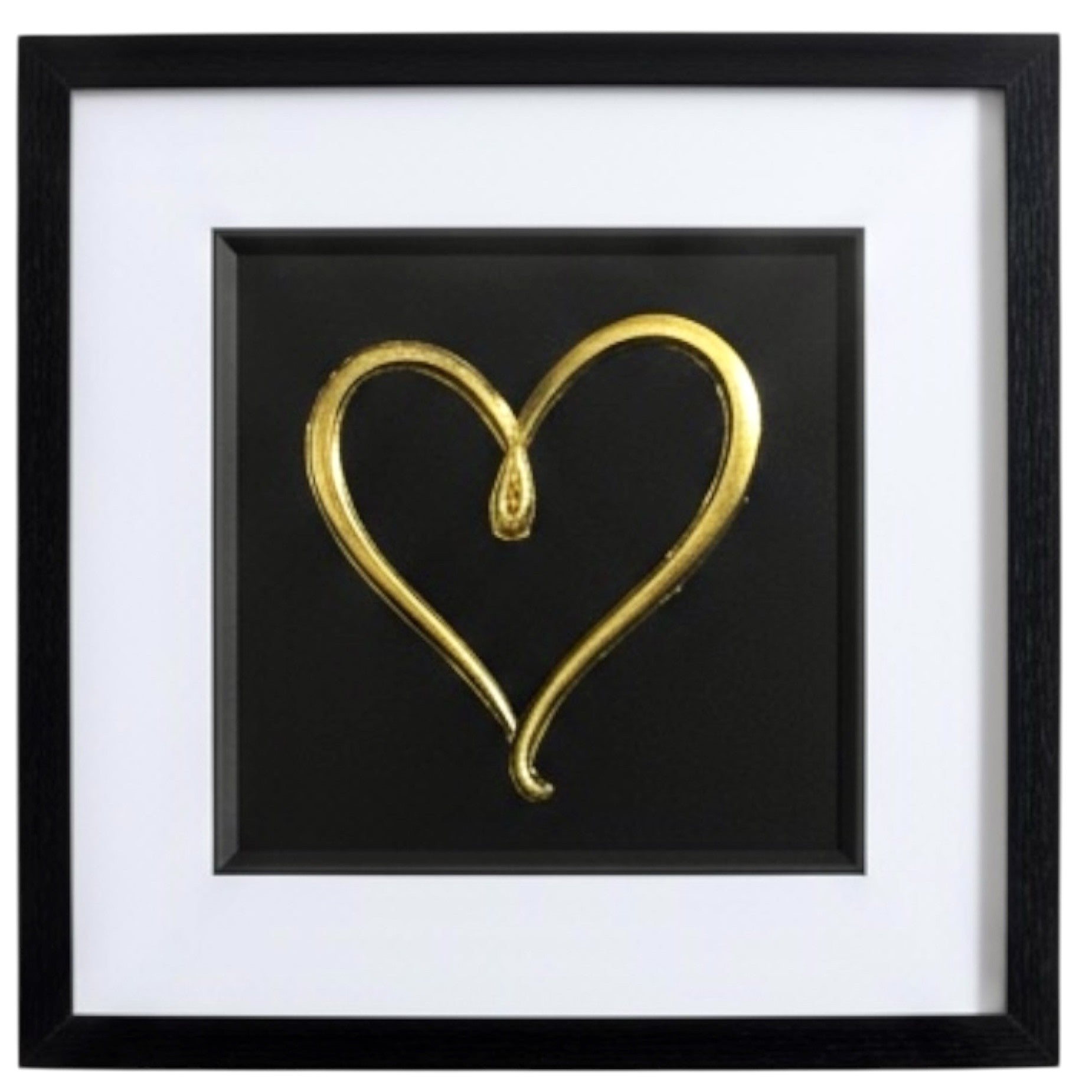 Front-facing gold leaf single line love heart framed wall art with black frame and white mount