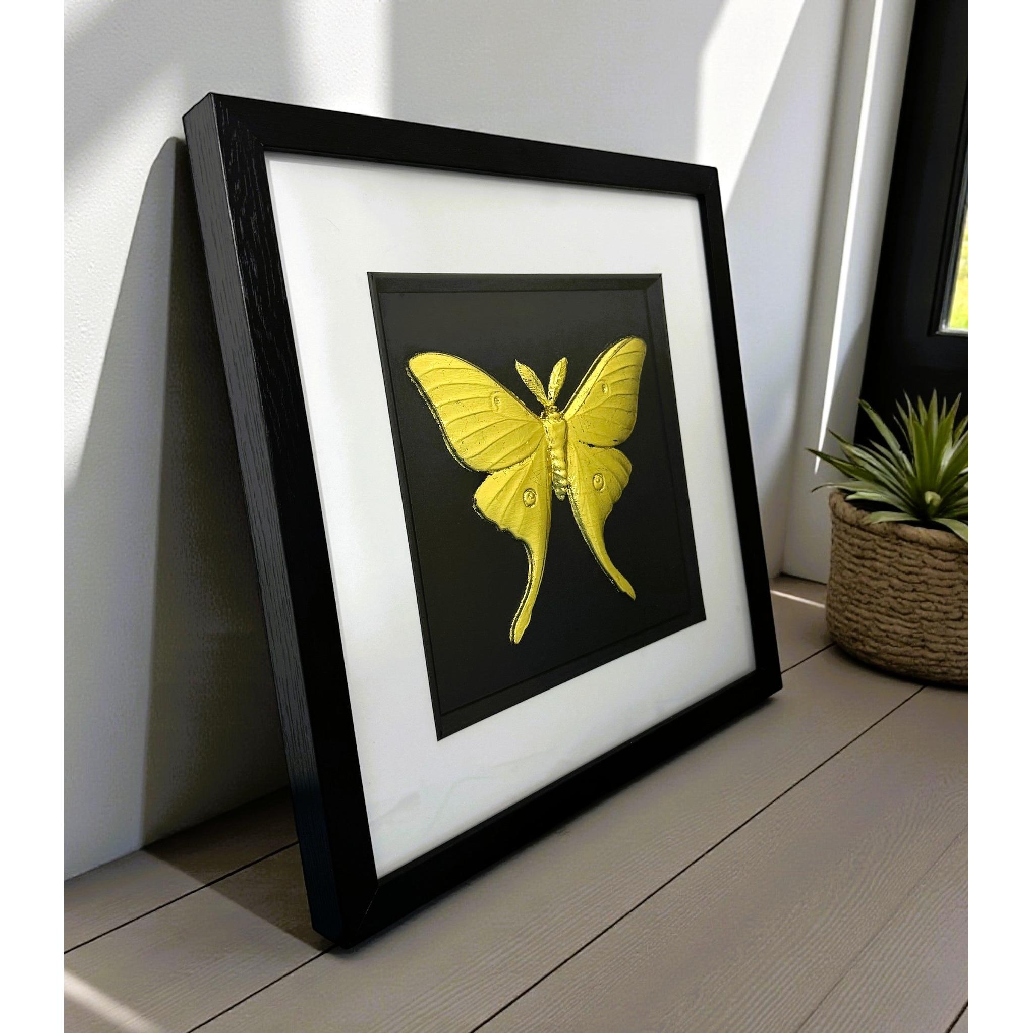 Angled view of gold leaf luna moth framed artwork displayed on a shelf