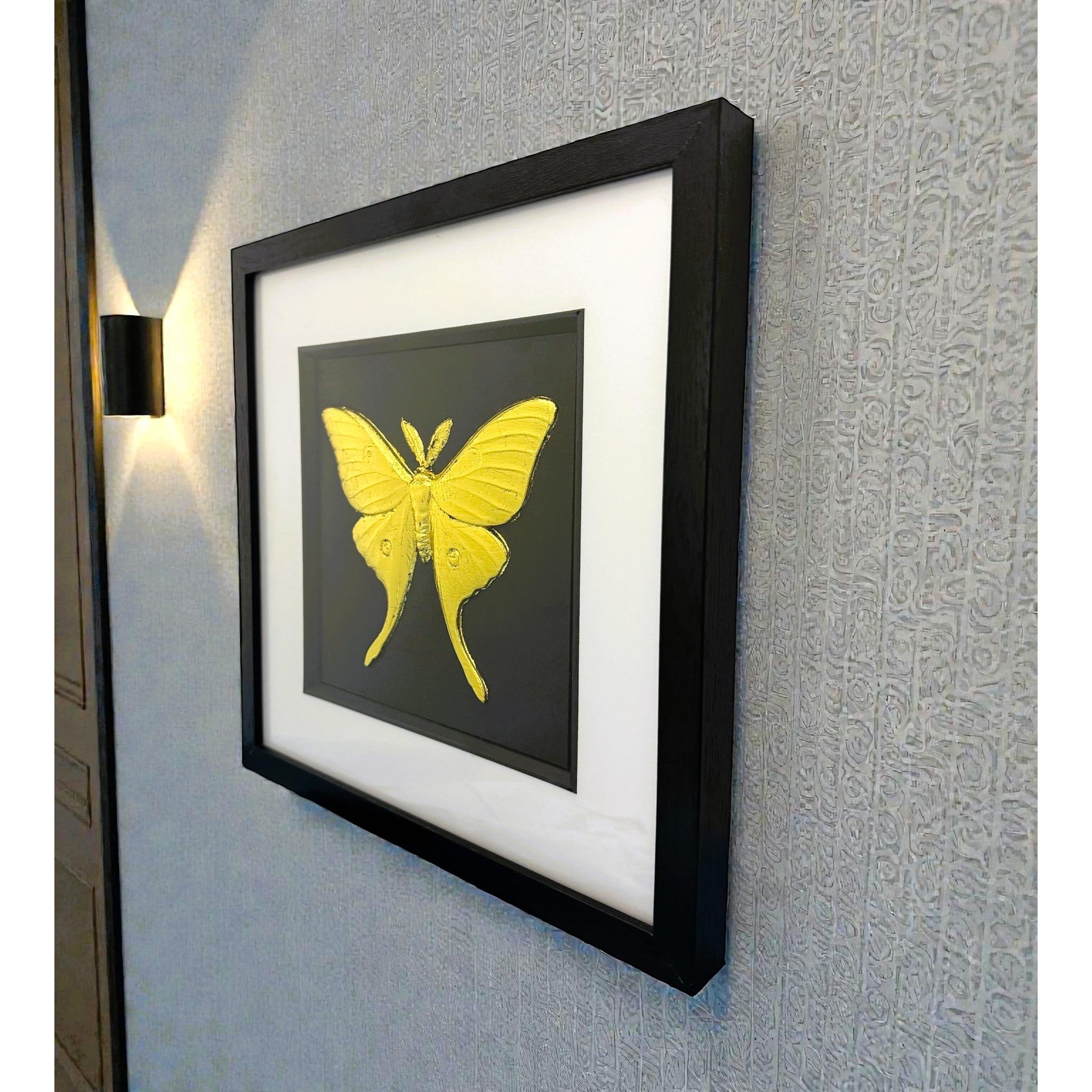 Angled wall-mounted view of luna moth wall art showing frame depth