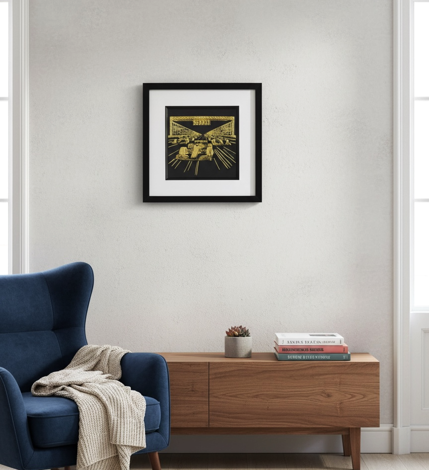 A gold leaf Formula 1 framed art piece hanging above a blue armchair, showing how the metallic finish catches the light in a modern living room.