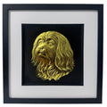 Maltese framed wall art in gold leaf shown front on with black wooden frame white mount and black background