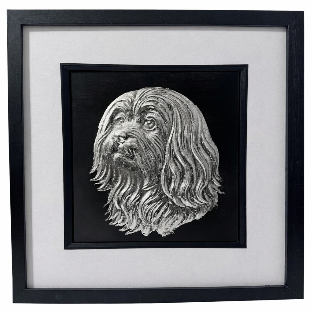 Maltese dog wall art 3d portrait in silver leaf with blak frame