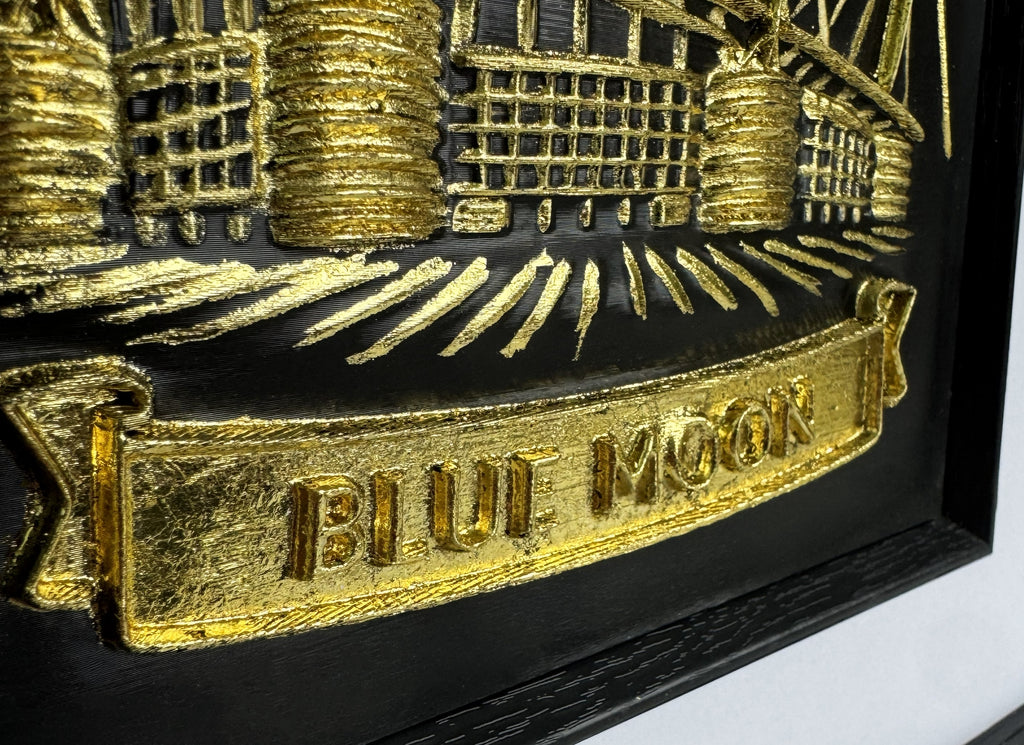 manchester city wall art 3d gold leaf close up of the etihad stadium and blue moon banner