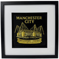 Gold 3D relief wall art of Manchester City Etihad Stadium featuring Blue Moon banner.
