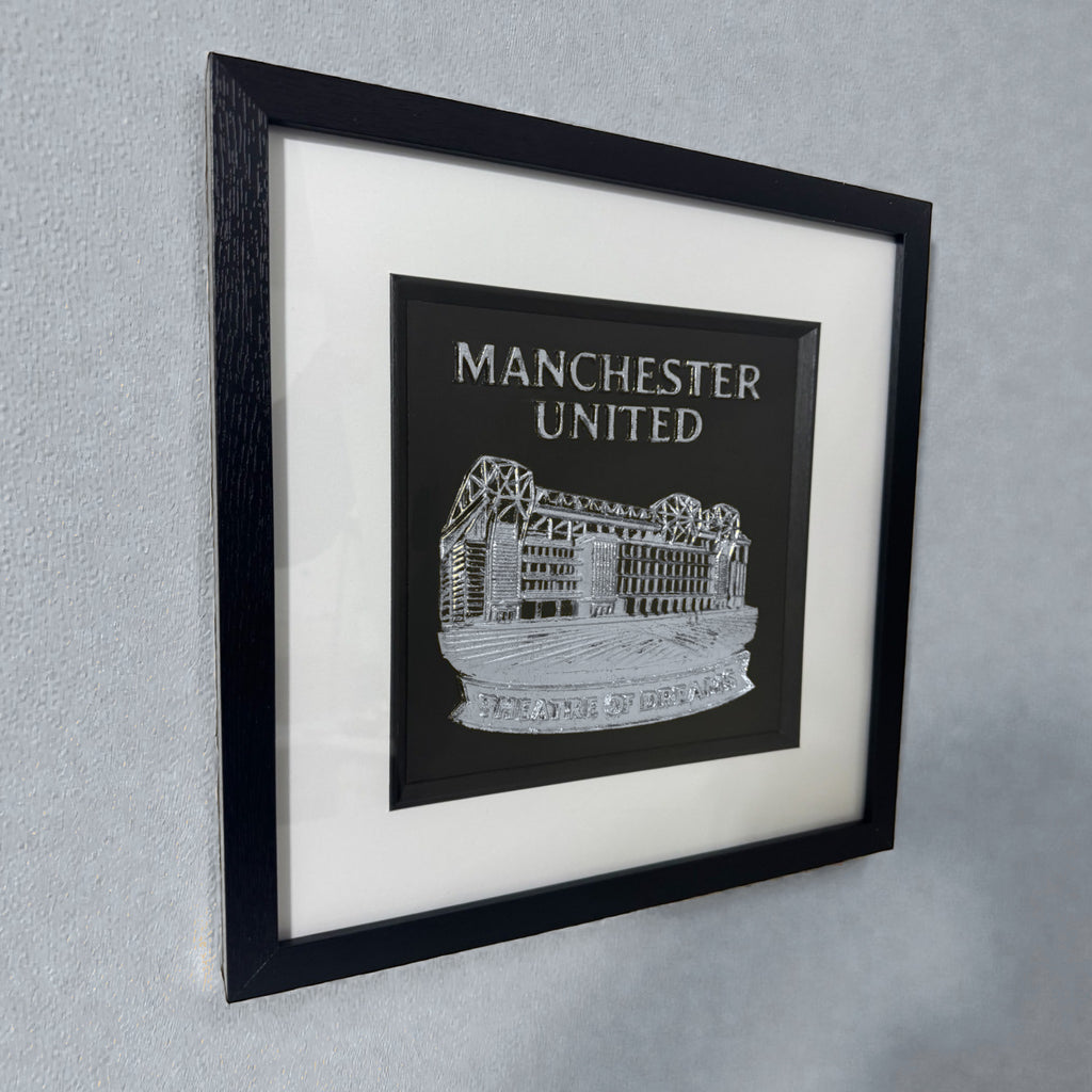Manchester United wall art in a black frame with silver leaf football inspired design by JP Designs