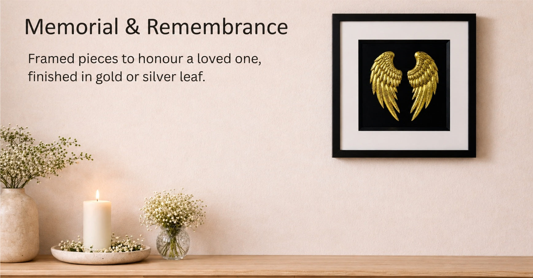 Memorial and remembrance framed angel wings wall art finished in gold leaf by JP Designs