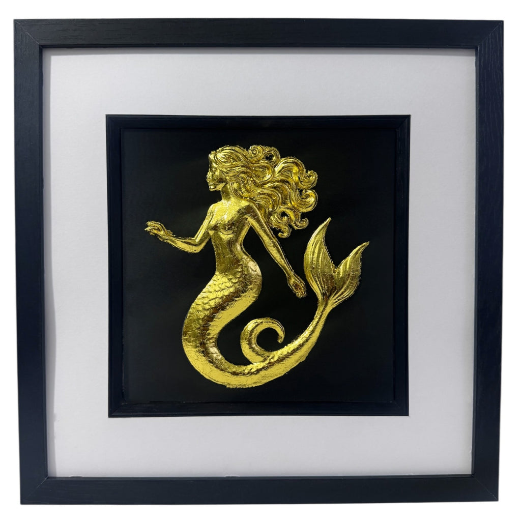 Front view of gold mermaid 3d wall art on black background