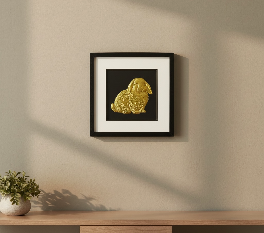 Framed Mini Lop rabbit 3D wall art in gold leaf, in a black frame with white mount, displayed on a beige wall above a wooden shelf with a plant.