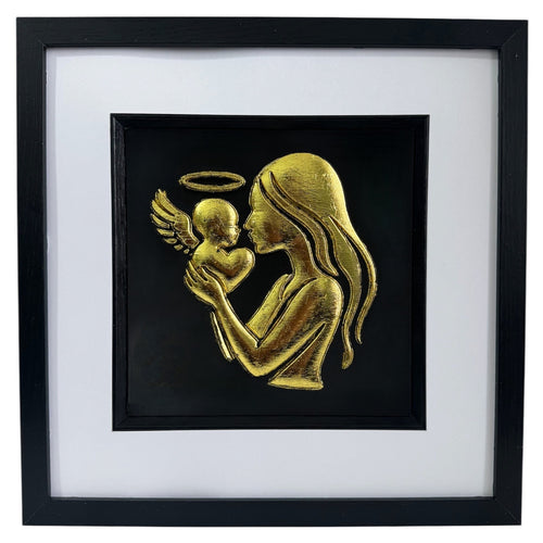 Front-facing gold leaf mother and baby angel wall art on a black background