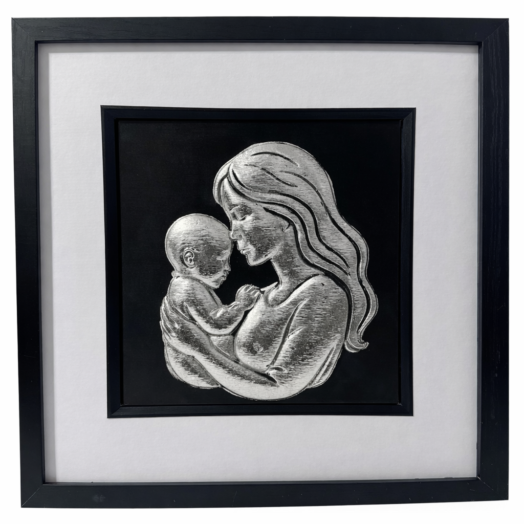 Mother and baby wall art framed in black with silver leaf relief on black background