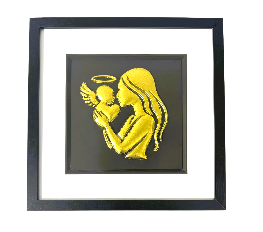 Front-facing gold leaf mother and baby angel wall art on a black background