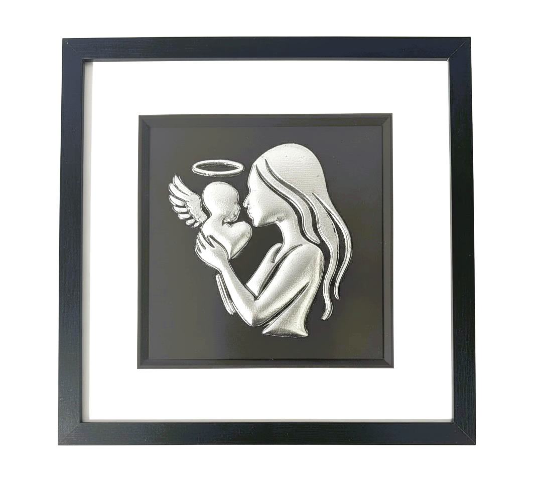 Silver leaf mother and baby angel wall art shown from the front in a black wooden frame with white mount