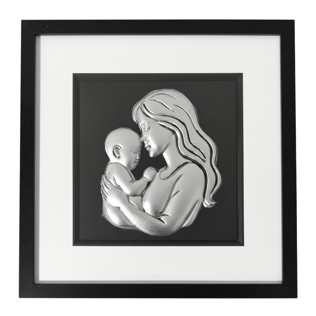 Mother and baby wall art framed in black with silver leaf relief on black background