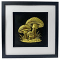 Gold leaf toadstool trio wall art in black frame with white mount on black background, framed 33 x 33 cm