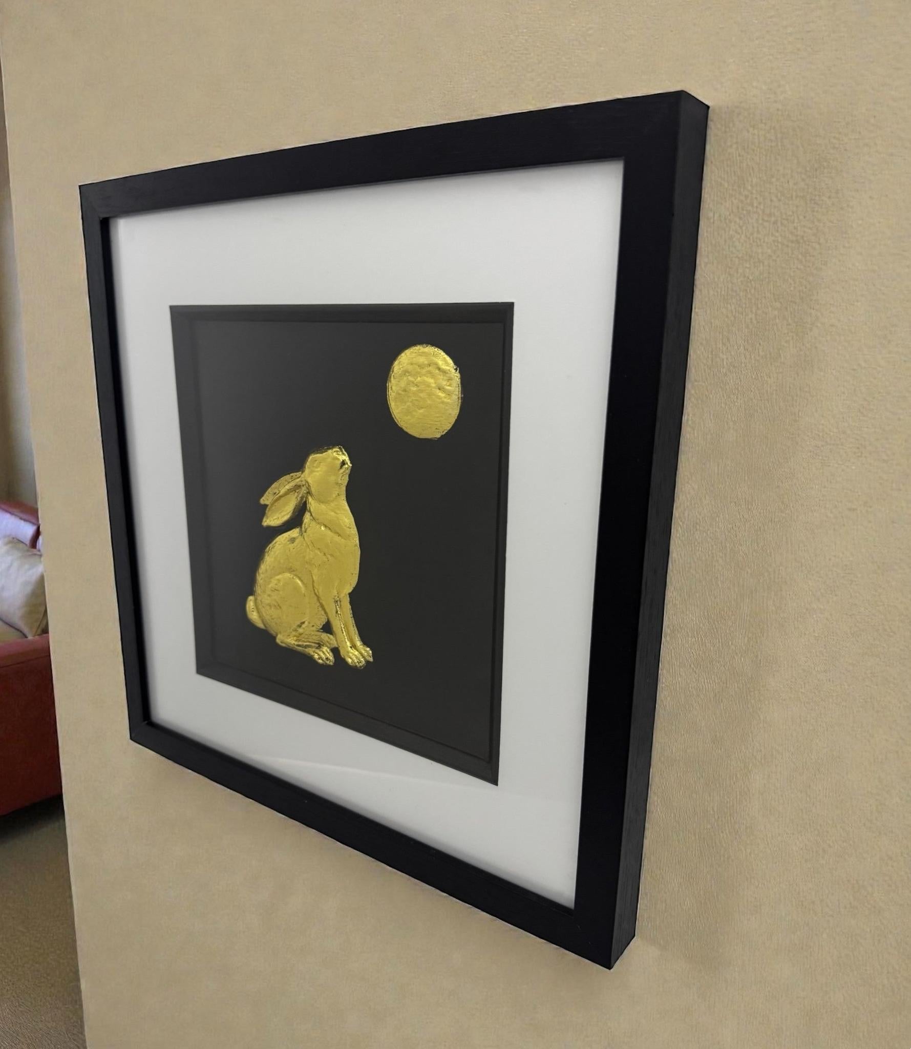 Side view of the Hare Gazing at Moon art, highlighting the physical 3D relief of the sculpture and the gallery-quality box frame.