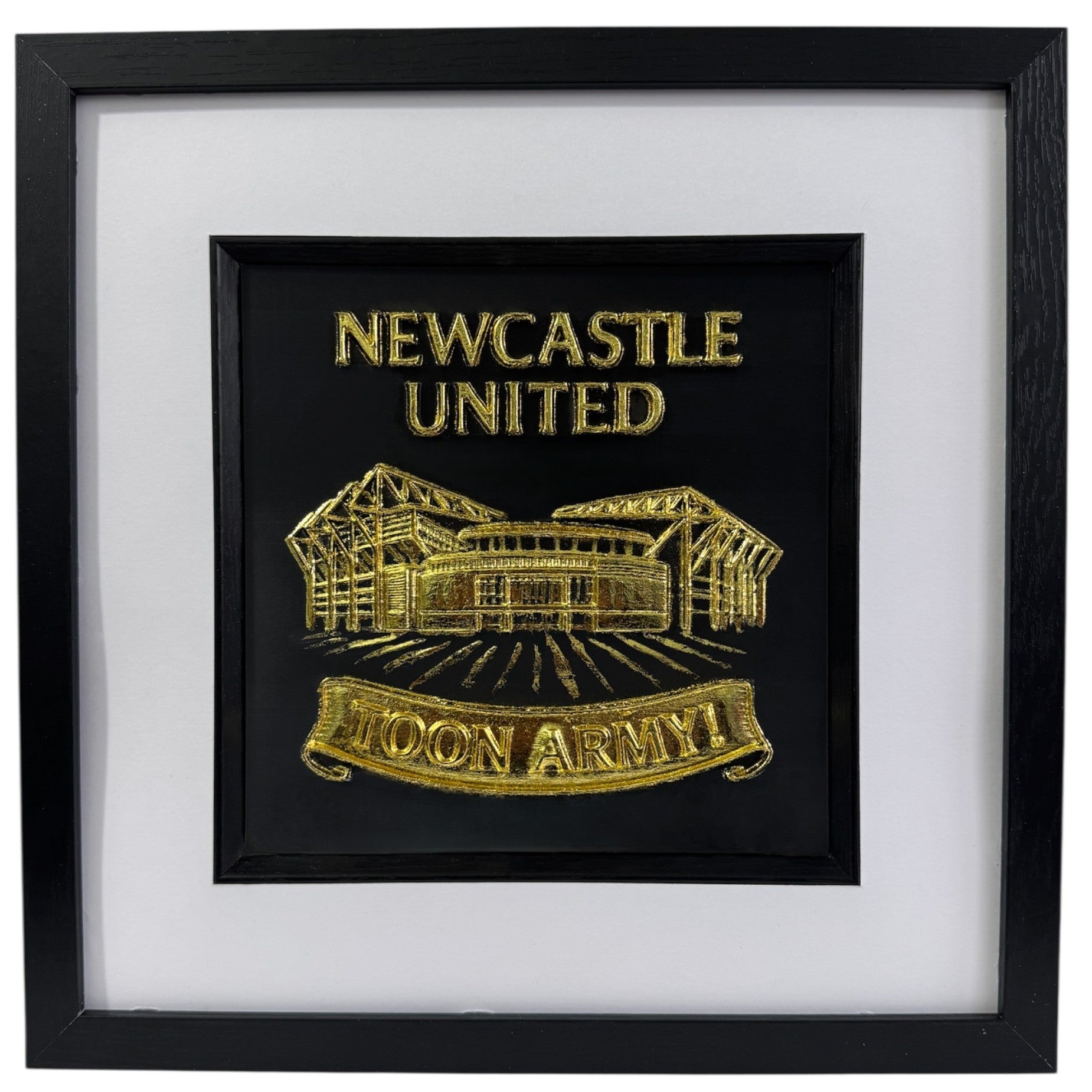 Gold 3D relief wall art of Newcastle United St James' Park featuring Toon Army banner.