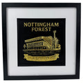 Nottingham Forest framed 3D stadium relief wall art in gold leaf, black box frame with white mount, front facing product photo.