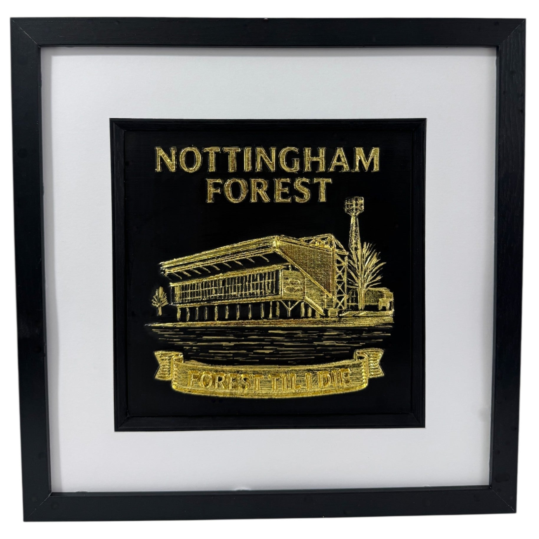 Nottingham Forest framed 3D stadium relief wall art in gold leaf, black box frame with white mount, front facing product photo.