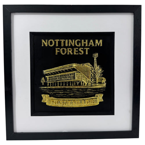 Nottingham Forest framed 3D stadium relief wall art in gold leaf, black box frame with white mount, front facing product photo.