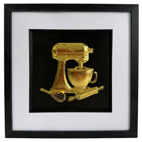 Straight-on gold stand mixer baking artwork with cup, whisk and rolling pin in a black frame with white mount.