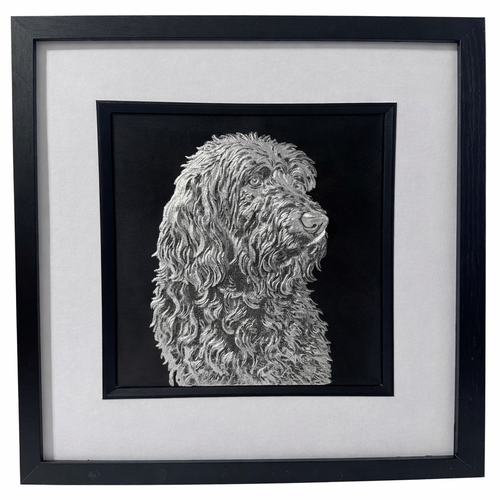 Otterhound framed wall art in silver leaf shown front on with black wooden frame white mount and black background