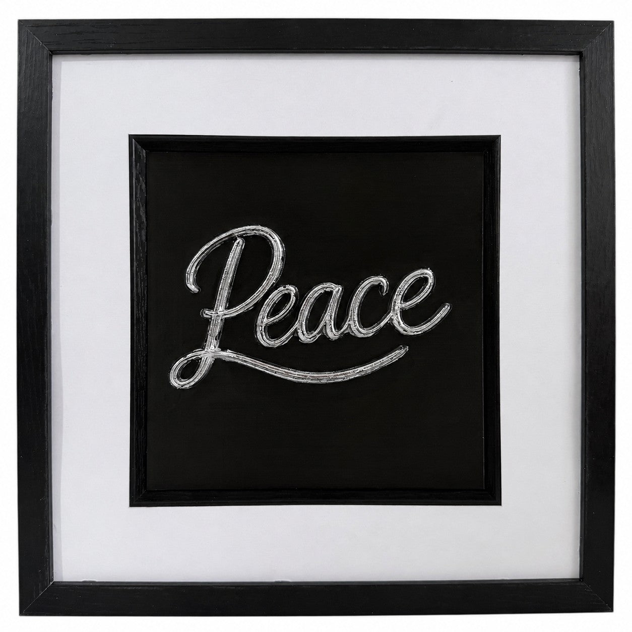 Silver framed Peace word artwork with raised script lettering, black centre, white mount and black frame.