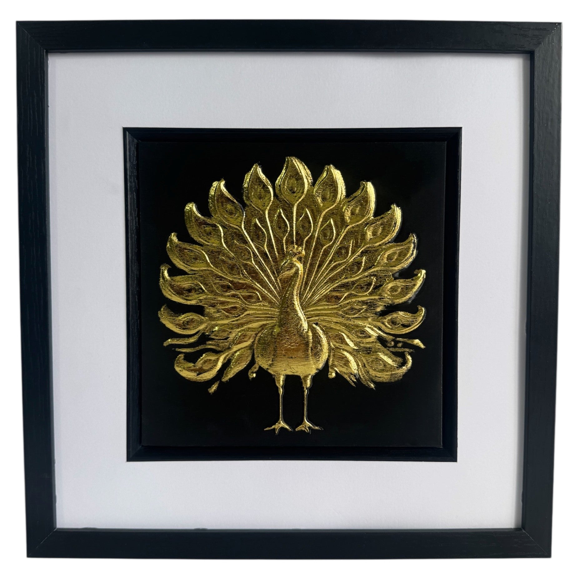 Gold peacock 3d wall art framed and centred against a white wall
