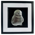 Front view of silver baby penguin framed wall art 3d on black background nursery decor
