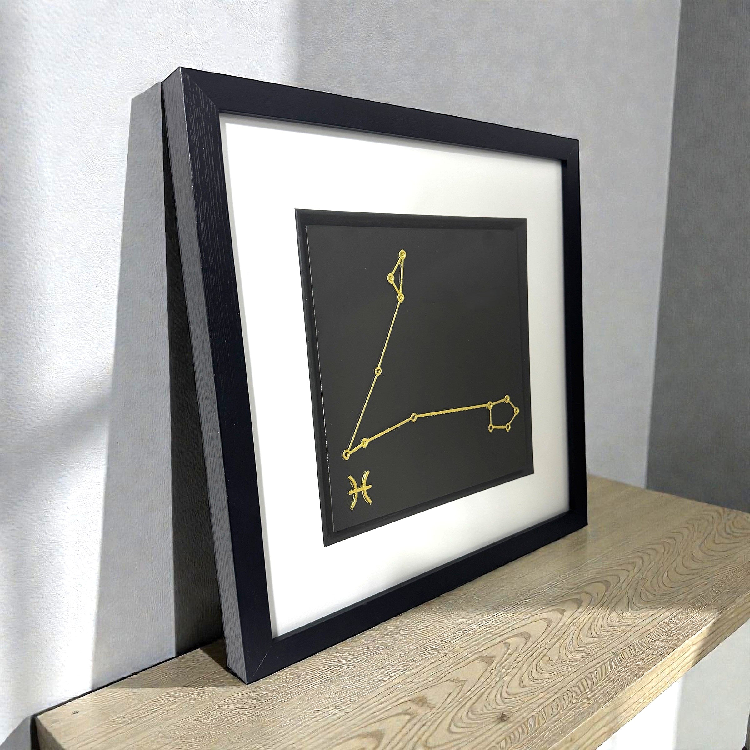 Side view of framed Pisces constellation wall art showing depth