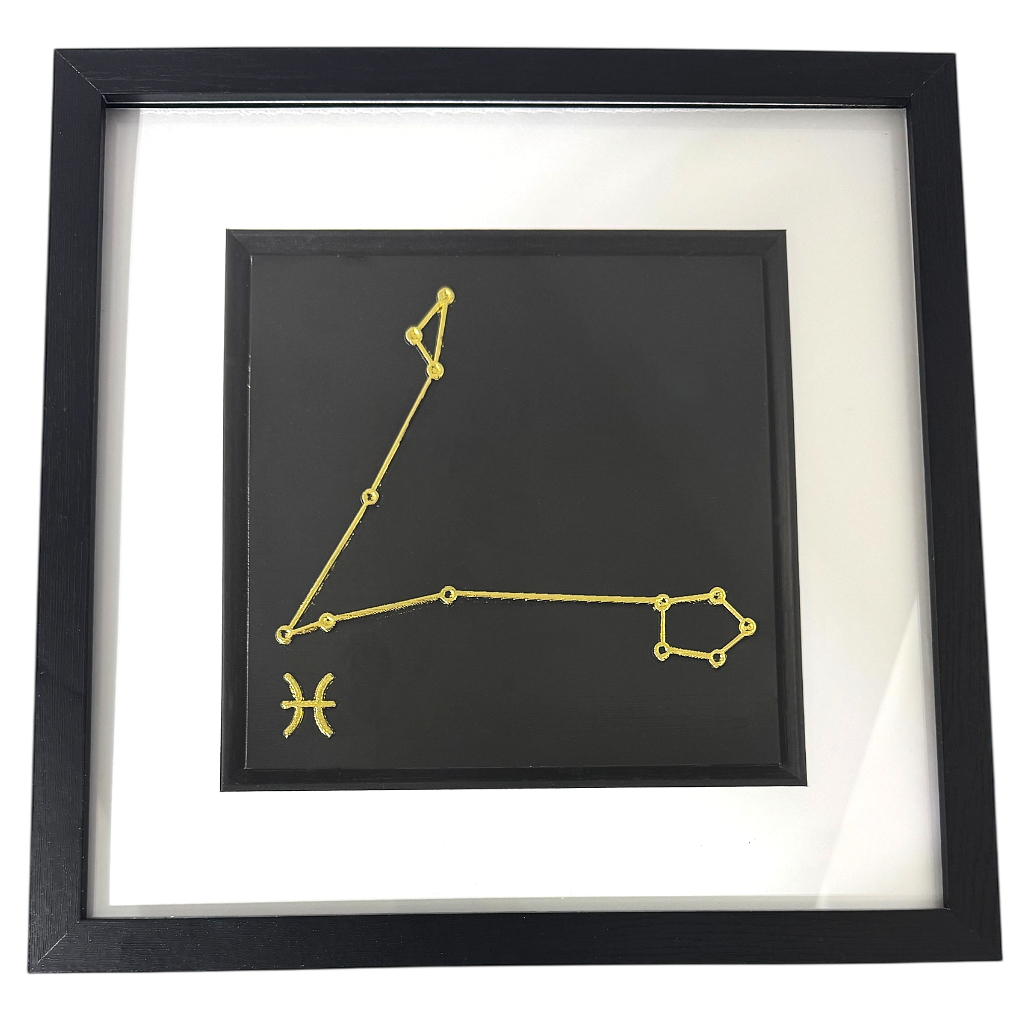 Gold Pisces constellation wall art on black background with white mount
