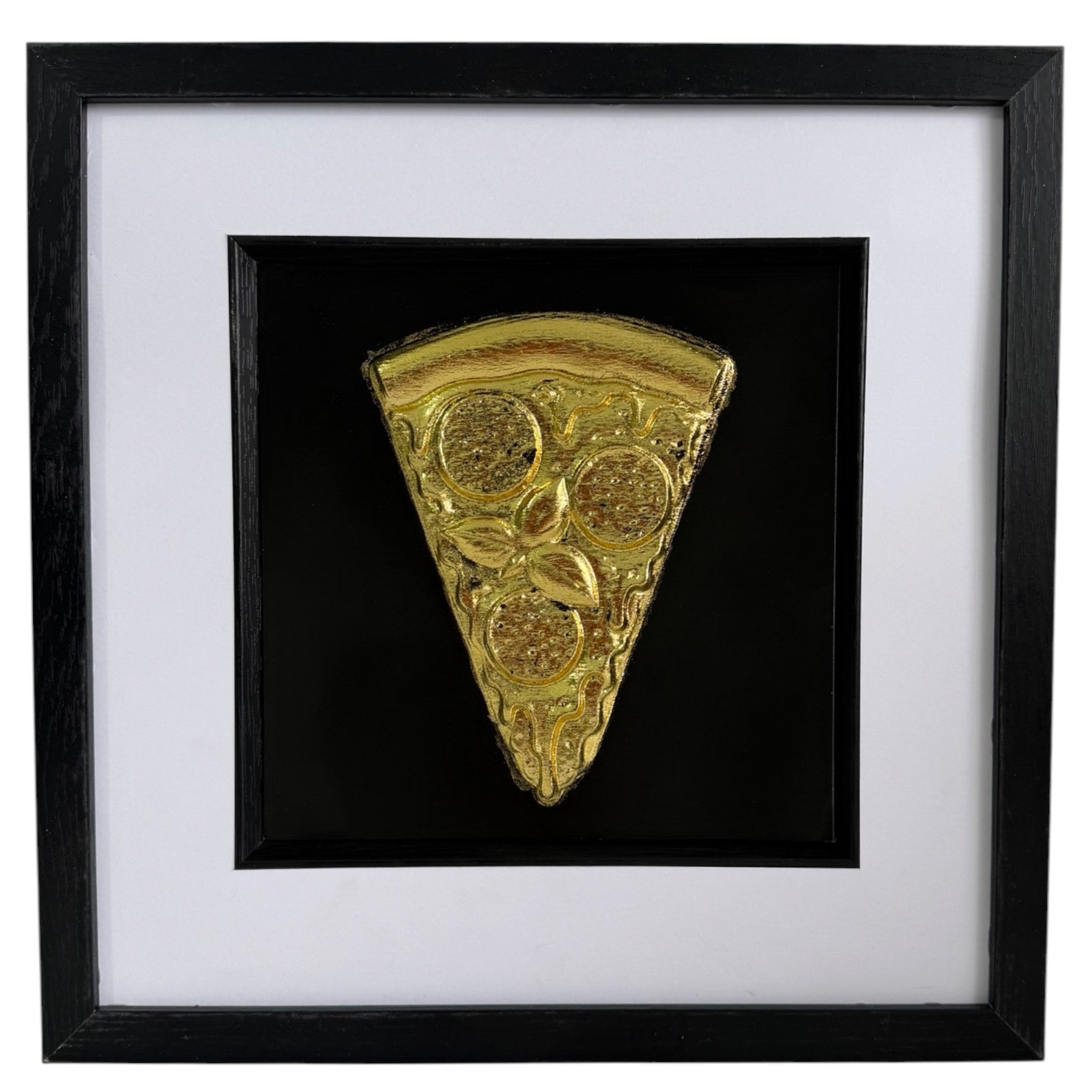 Straight-on Gold pizza slice relief artwork with black centre panel, white mount and black frame.