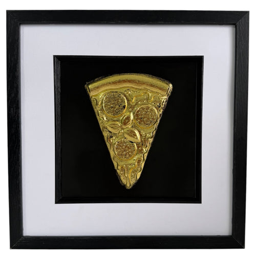 Straight-on Gold pizza slice relief artwork with black centre panel, white mount and black frame.