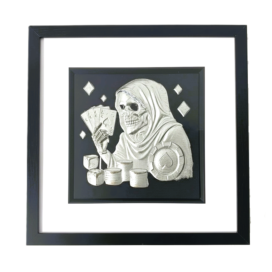 Silver leaf Grim Reaper playing poker wall art framed in black wood