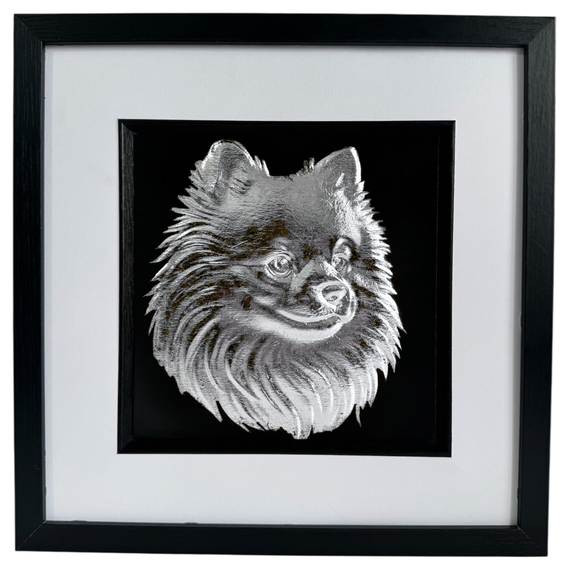 pomeranian dog portrait silver leaf in frame on a white mount